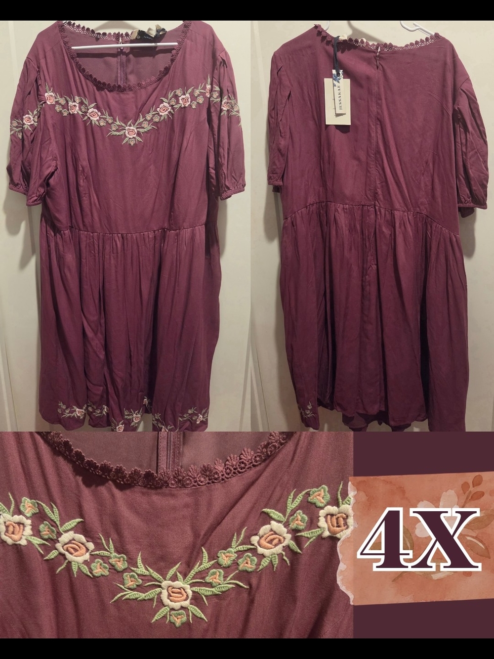 JessaKae Rosedale - 4X - NWT - Embroidered Plus-Size Dress - Mauve Rose